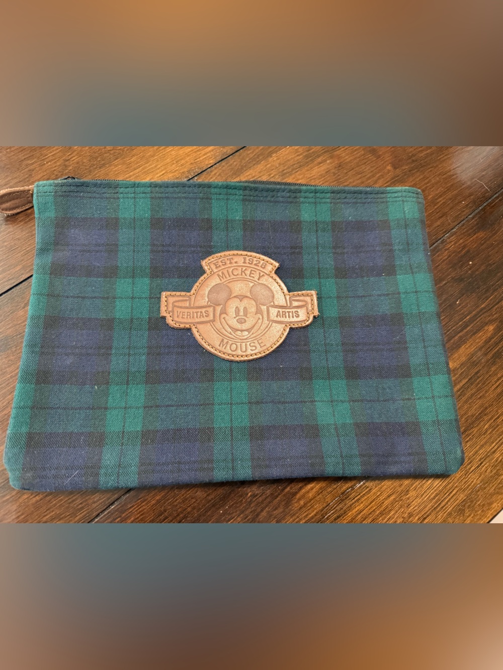 Disney Mickey Mouse Veritas Artis Zip up Bag 10.5 X 8 Tartan Green Blue